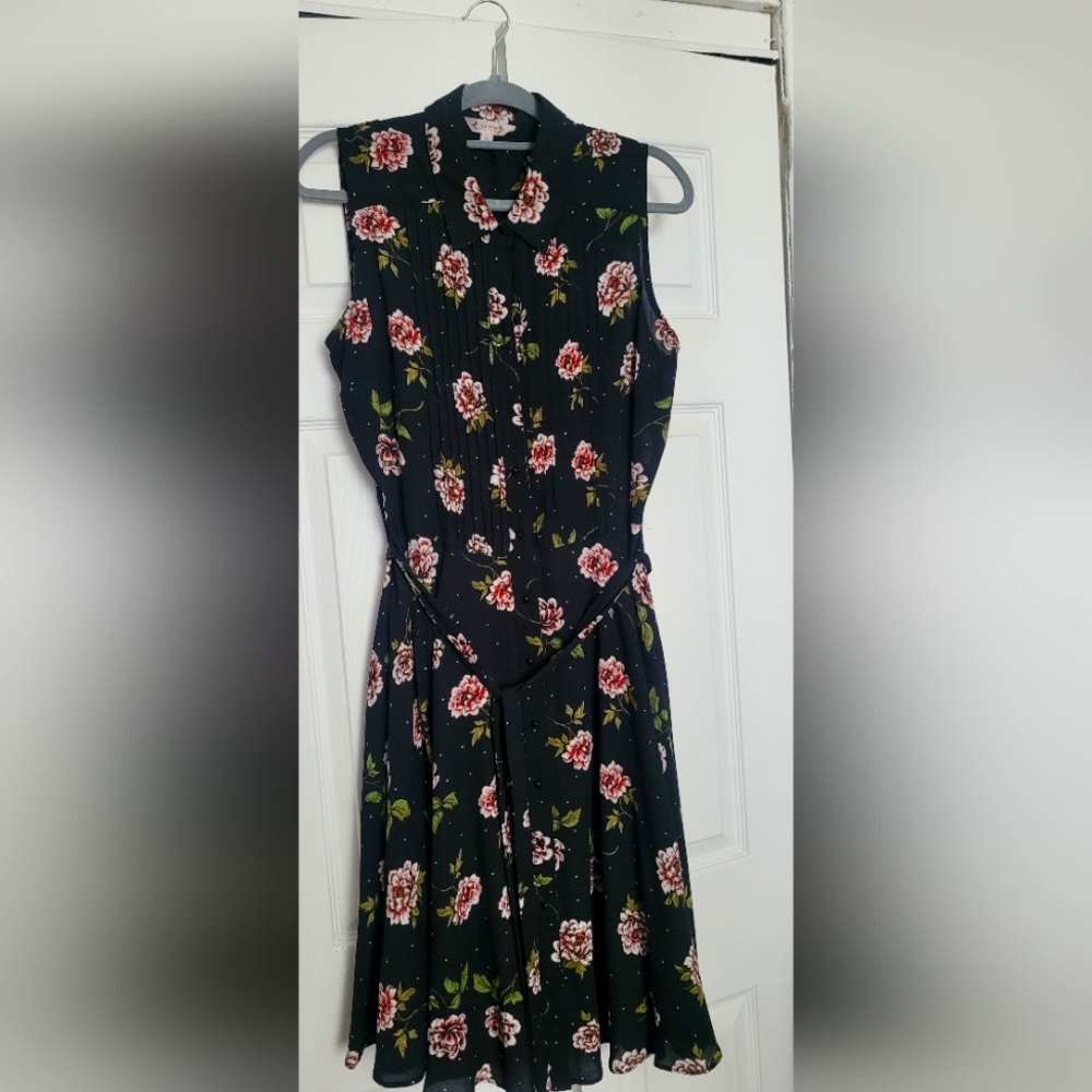 NWT Nanette Lepore Black Floral Button Front Point Collar Pleated Dress Size 12